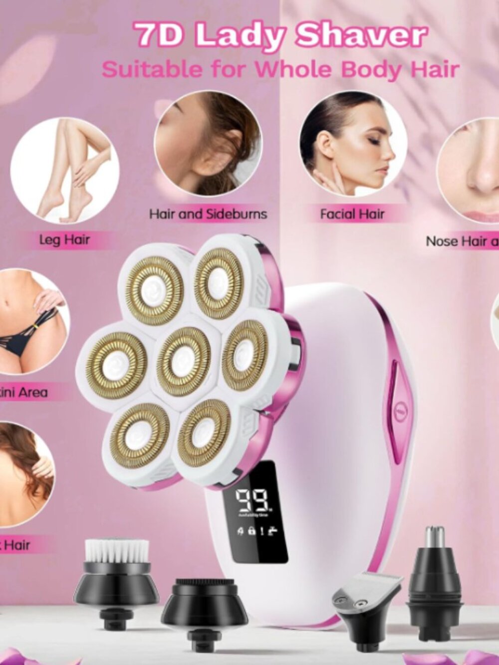 Electric Razor for Women, 7D Electric Shaver, 5 in 1, Wet/Dry, Painless